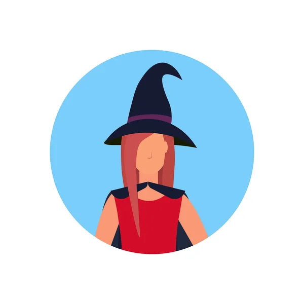 Mujer usando mágica bruja traje cara avatar feliz halloween concepto mujer dibujos animados carácter retrato plano — Vector de stock