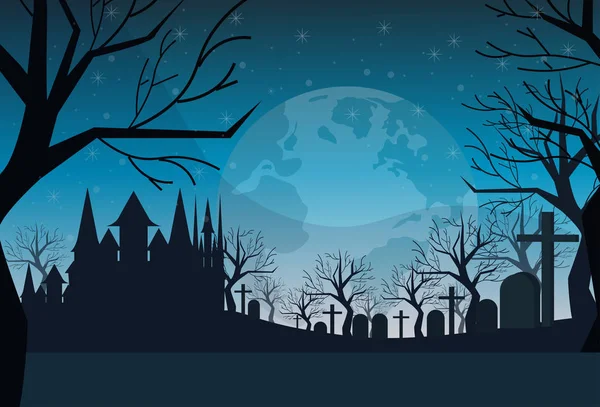 Cemetery graveyard grave stone night full moon castle dracula house happy halloween concept horizontal flat — Stock Vector