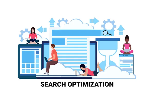 Business people using gadget seo search optimization concept global internet search plat horizontal — Image vectorielle