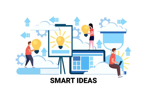 Persone in possesso di lampada luce nuove idee intelligenti concetto creativo innovazione startup progetto di successo strategia di lavoro di squadra piatto orizzontale — Vettoriale Stock