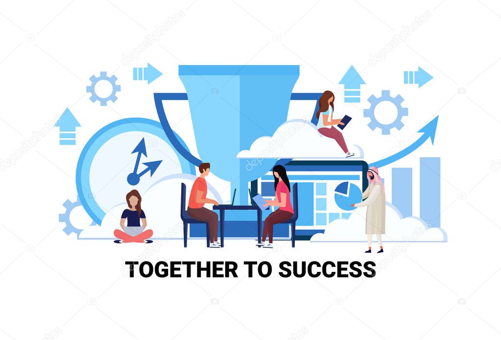 teamwork strategy together to success successful business team concept flat victory trophy cup motivation horizontal