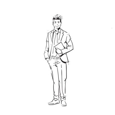 iş adamı tutun kağıt kavramı işadamı tam uzunlukta levha beyaz arka plan el çizilmiş silueti kroki üzerinde