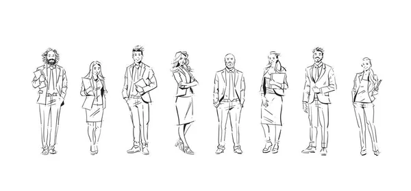 Team di imprenditori schizzo rimanere su sfondo bianco, team di dirigenti di successo, gruppo completo di uomini d'affari disegnati a mano, banner — Vettoriale Stock