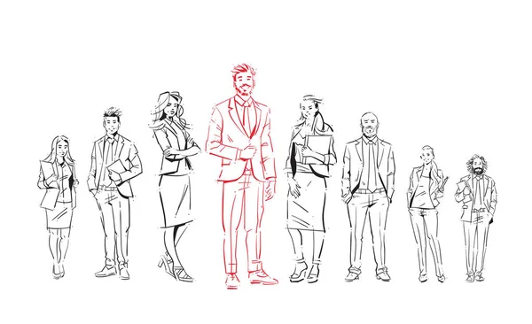 Esquisse l'équipe d'hommes d'affaires restent sur fond blanc, leader devant l'équipe de cadres réussis, groupe complet de gens d'affaires dessinés à la main — Image vectorielle