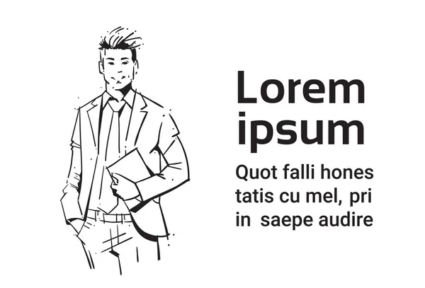 Homem de negócios segurar folha de papel conceito empresário retrato no fundo branco mão desenhada silhueta esboço —  Vetores de Stock