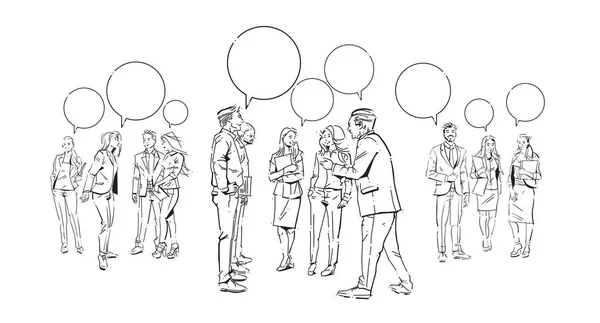 Gens d'affaires bulles de communication chat, accord devant les gens d'affaires discussion collègues communiquant concept complet sur fond blanc dessin à la main dessin à la silhouette — Image vectorielle