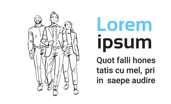 흰색 배경, 사업가 사업가 조회에, 손으로 그린된 기업 들의 전체 길이 그룹 앞으로 기업인 팀 단계 스케치 — 스톡 벡터