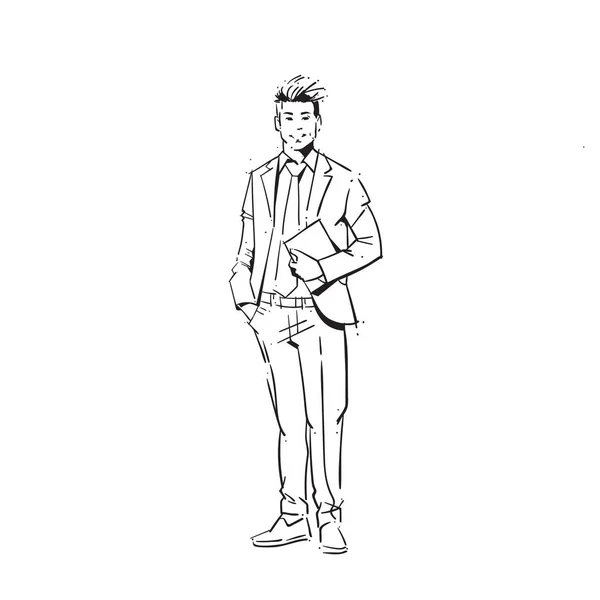 Geschäftsmann halten Blatt Papier Konzept Geschäftsmann volle Länge auf weißem Hintergrund Hand gezeichnet Silhouette Skizze — Stockvektor