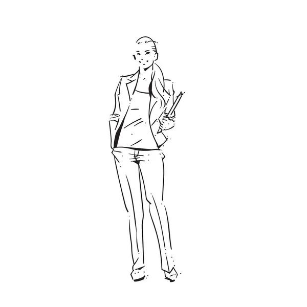 Επιχειρήσεων γυναίκα κρατώντας φάκελο έννοια επιχειρηματίας πλήρες μήκος στο χέρι λευκό φόντο ισοπαλία σιλουέτα σκίτσο — Διανυσματικό Αρχείο