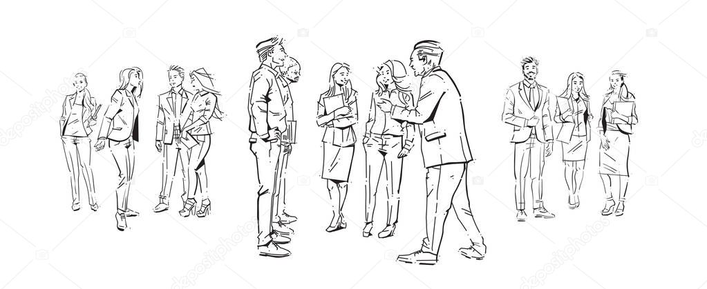 business people communication during meeting, agreement in front of businesspeople discussion colleagues communicating full length concept on white background hand draw silhouette sketch