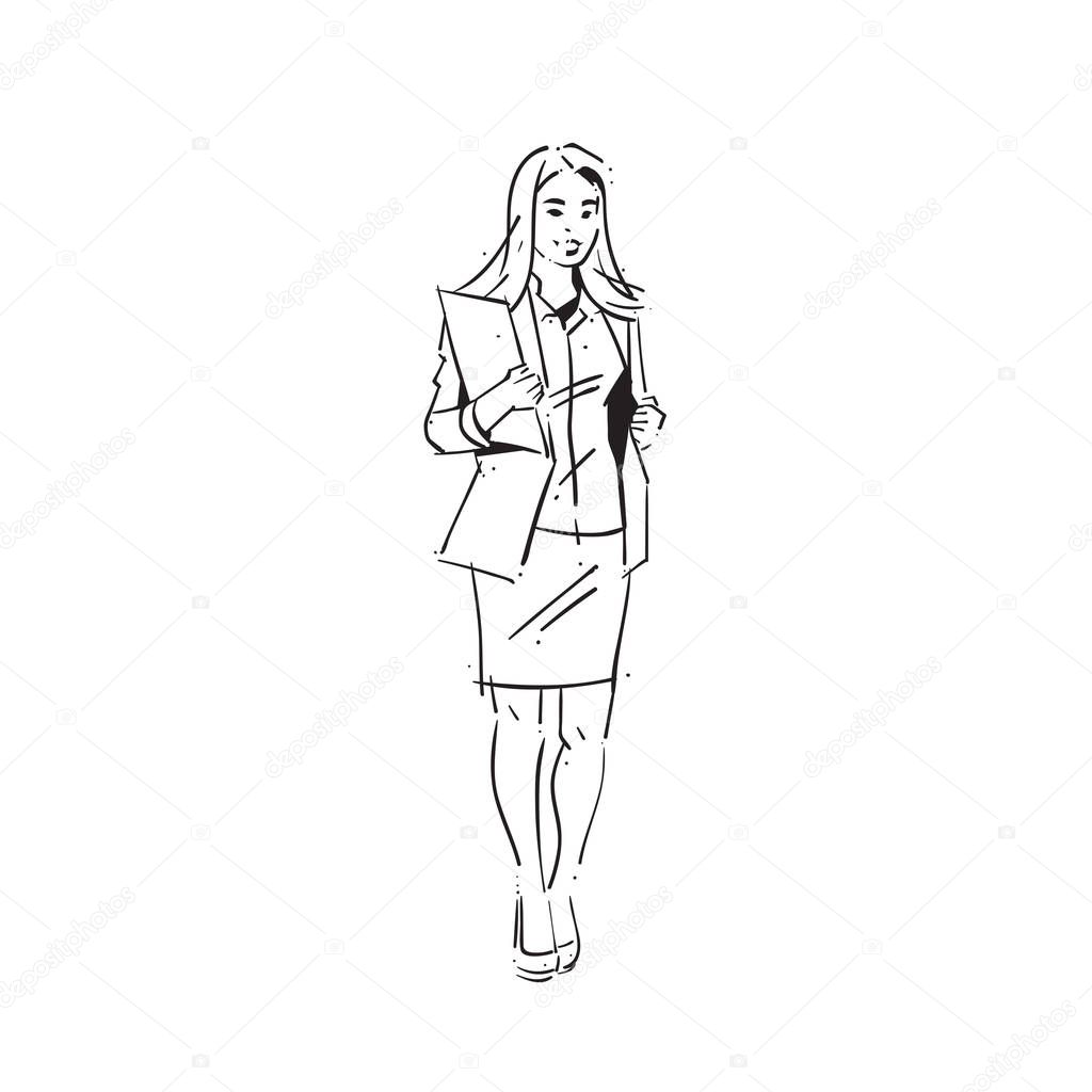 business woman holding folder concept businesswoman full length on white background hand draw silhouette sketch