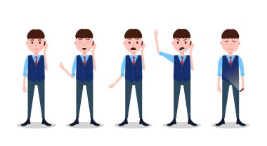 Genç çocuk karakter farklı pozlar ve duygular telefon görüşmesi erkek iş takım elbise şablonu tasarım çalışmaları ve animasyon için beyaz arka plan tam uzunlukta düz kişi üzerinde ayarlama