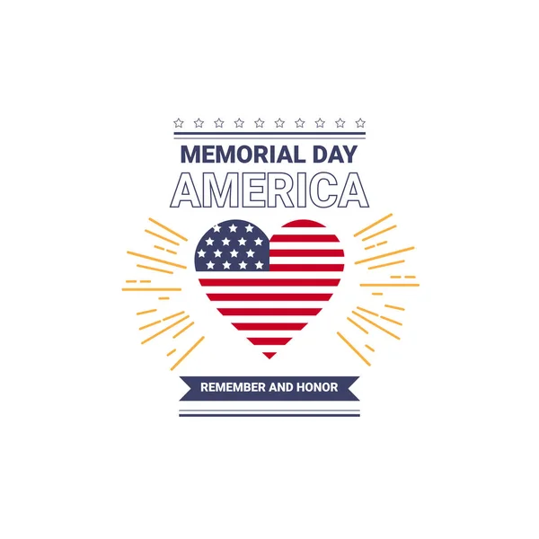 Memorial day EUA cartão papel de parede, bandeira nacional americana com estrelas forma de coração no fundo branco, design plano — Vetor de Stock