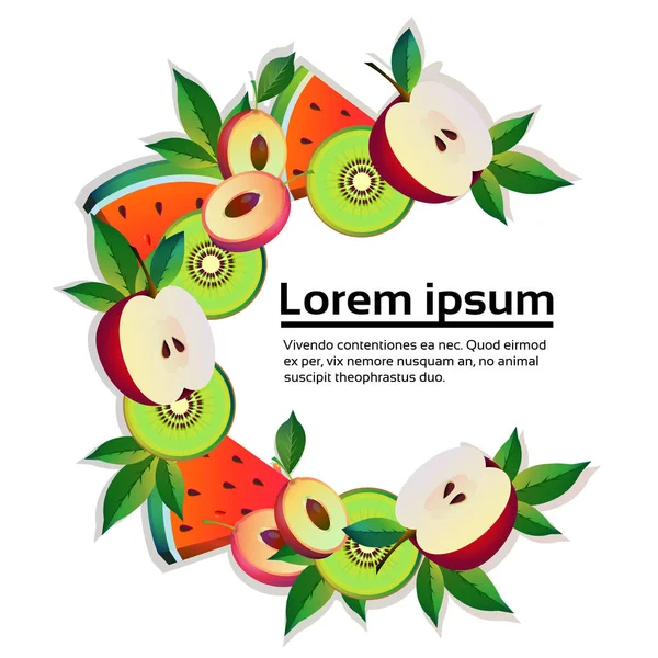 Яблуко, кавун, ківі фрукти барвисте коло копіювання простір органічне на білому тлі здоровий спосіб життя або концепція дієти копіювання простору — стоковий вектор