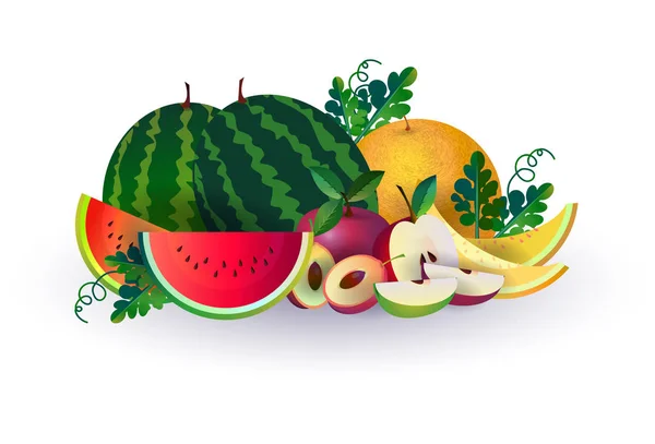 Melancia melão maçã frutas no fundo branco, estilo de vida saudável ou conceito de dieta, logotipo para frutas frescas — Vetor de Stock