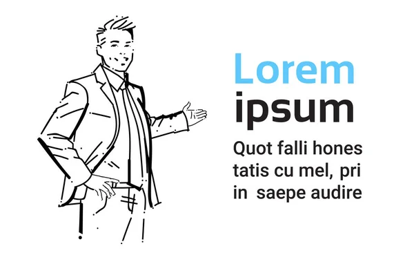 商业人持有开放手掌手势复制空间概念商人肖像在白色背景手绘剪影素描 — 图库矢量图片
