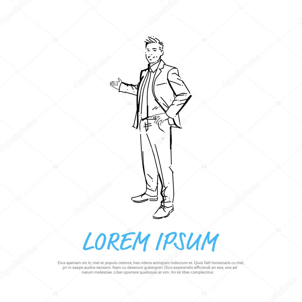 business man hold open palm gesture concept businessman full length on white background hand draw silhouette sketch