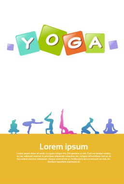 renkli spor siluet, çeşitlilik yoga pozlar kadın, başarılı takım ilişkiler kavramı A4 dikey kopya alanı grup insanlar