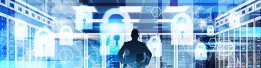 Arkadan görünüşü işadamı siluetleri sanal masası Gdpr veri Gizlilik arka plan ile çalışma. kişisel depolama genel veri koruma yönetmeliği kavramı Banner ağ koruması