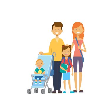 Baba Anne kızı bebek oğul bebek arabası tam uzunlukta avatar beyaz arka plan, başarılı Aile kavramı, düz çizgi film