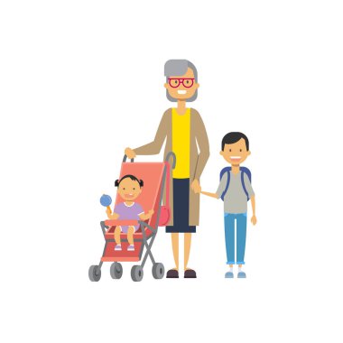 Bebek arabası, çoklu nesil aile, tam uzunlukta avatar beyaz arka plan, başarılı Aile kavramı, ağaç cinsi düz çizgi film tasarım bebek torun ile Büyükanne