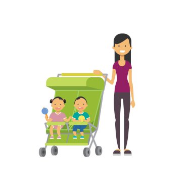 Anne Bebek kardeş kardeşi ikiz çift yeşil arabası tam uzunlukta avatar beyaz arka plan, başarılı Aile kavramı, düz çizgi film