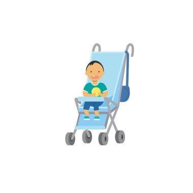 Beyaz arka plan, başarılı Aile kavramı, düz çizgi film üzerinde oyuncak mavi bebek arabası tam uzunlukta avatar ile erkek bebek