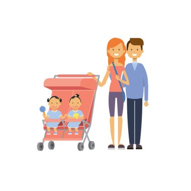 Baba Anne Bebek ikiz çift pembe arabası tam uzunlukta avatar beyaz arka plan, başarılı Aile kavramı, düz çizgi film