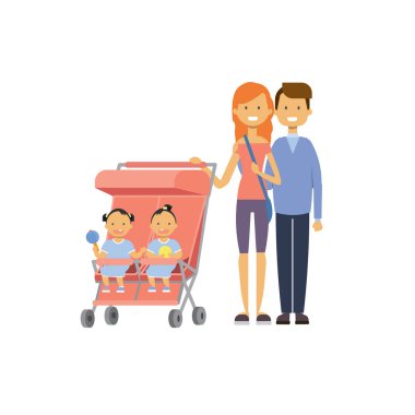 Baba Anne Bebek ikiz çift pembe arabası tam uzunlukta avatar beyaz arka plan, başarılı Aile kavramı, düz çizgi film