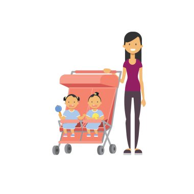 Anne Bebek kardeş kardeşi ikiz çift pembe arabası tam uzunlukta avatar beyaz arka plan, başarılı Aile kavramı, düz çizgi film