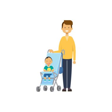babası kızı bebek arabası tam uzunlukta avatar beyaz arka plan, başarılı Aile kavramı, düz çizgi film