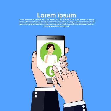 telefon uygulama elini tut gudget çağrı merkezi kulaklık Ajan adam kabarcık istemci desteği operatör, müşteri ve teknik servisi simgesini, sohbet kavramı, kopya alanı düz tasarım