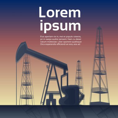 Fabrika Binası doğa hava kirliliği bitki boru atık. bir petrol sondaj silüeti. düz kopya alanı