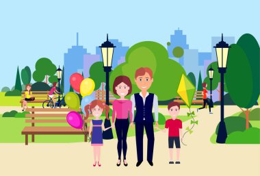kamu parki baba anne çocuk tutun kabarcıkları ile uçurtma kız açık havada ahşap Bank sokak lambası yeşil çim ağaçlar şehir binaları şablon arka plan düz