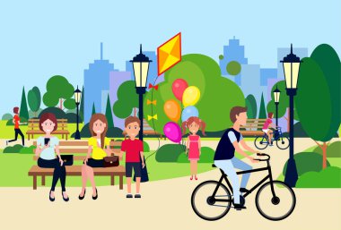 Kamu parkı çocuk tutun kabarcıkları ile uçurtma kız açık havada ahşap Bank insanlar aktif dinlenme sokak lambası yeşil çim ağaçlar şehir binaları şablon arka plan üzerinde düz