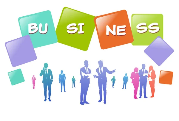 Silueta colorida de la gente de negocios, grupo de empresarios de la diversidad, concepto acertado del equipo A4 hotizontal — Archivo Imágenes Vectoriales