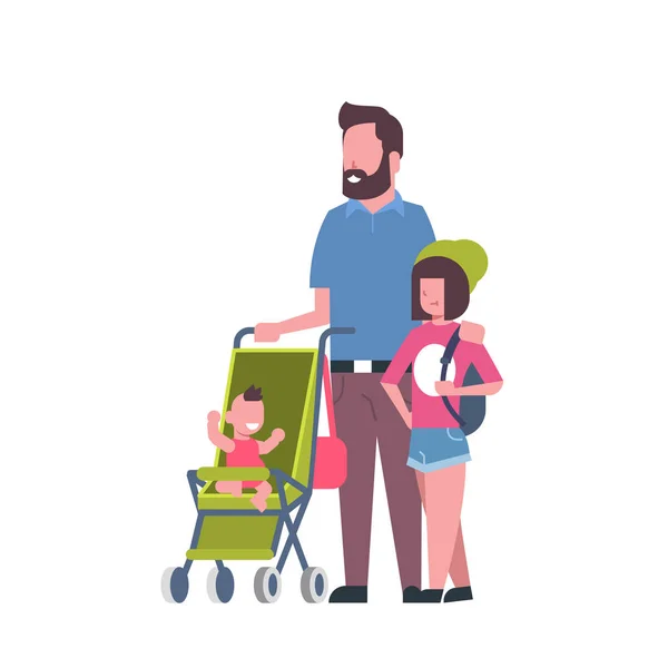 Vader dochter zoontje in kinderwagen volledige lengte avatar op witte achtergrond, succesvolle familie concept, platte cartoon — Stockvector