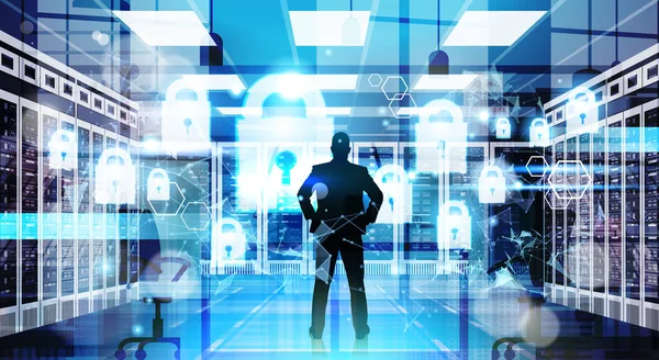 Rückansicht der Silhouetten von Geschäftsleuten, die mit virtuellem gdpr Datenschutzhintergrund arbeiten. Netzwerkschutz der persönlichen Speicherung Allgemeines Datenschutzregulierungskonzept — Stockvektor
