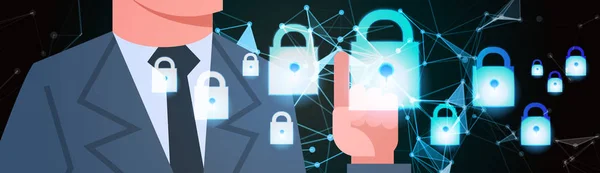 Empresário toque cadeado virtual fundo privacidade de dados GDPR. proteção da rede de armazenamento pessoal Regulamento Geral de Proteção de Dados banner conceito —  Vetores de Stock