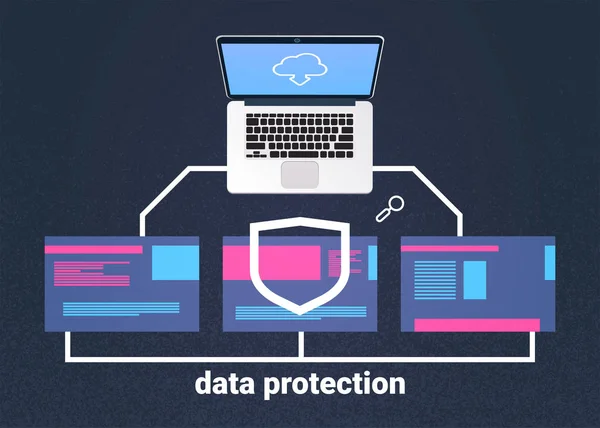 Datenschutz Laptop Rechenzentrum Mit Hosting Servern Infografik Netzwerk Und Datenbank — Stockvektor