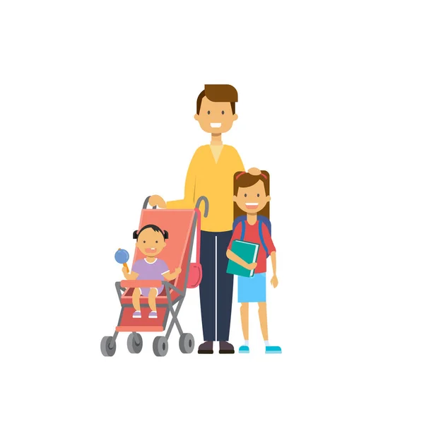 Vader dochter baby in kinderwagen volledige lengte avatar op witte achtergrond, succesvolle familie concept, platte cartoon — Stockvector