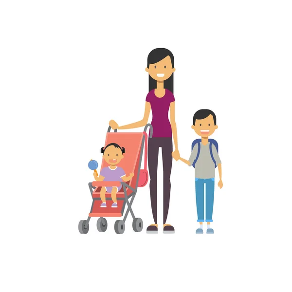 Mamma med nya född baby barn i barnvagn full längd avatar på vit bakgrund, framgångsrika familjen koncept, platt tecknad design — Stock vektor