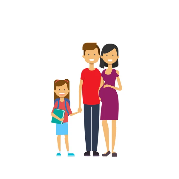 Zwangere moeder vader dochter volledige lengte avatar op witte achtergrond, succesvolle familie concept, platte cartoon — Stockvector