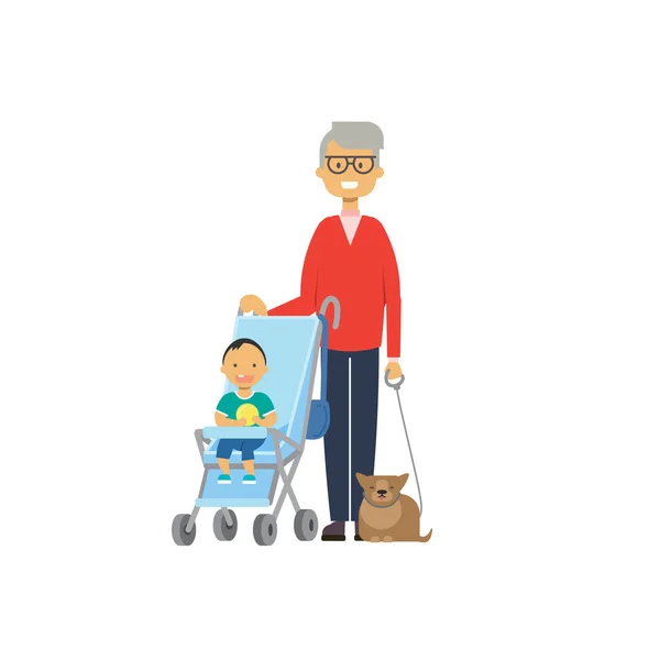 祖父与猫和婴儿孙子在童车, 多世代家庭, 全长头像在白色背景, 成功的家庭概念, 树的平面卡通设计 — 图库矢量图片