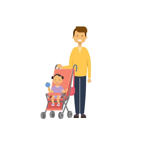 Vader dochter baby in kinderwagen volledige lengte avatar op witte achtergrond, succesvolle familie concept, platte cartoon — Stockvector