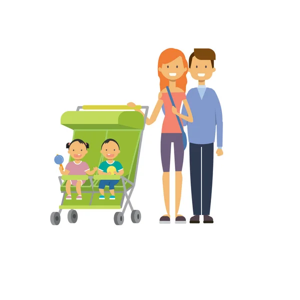 Vader moeder baby tweeling dubbele groene wandelwagen volledige lengte avatar op witte achtergrond, succesvolle familie concept, platte cartoon — Stockvector