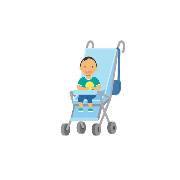 Chłopczyk z zabawka niebieski wózek pełnej długości avatar na białym tle, udanej koncepcji rodziny, płaskie kreskówka — Wektor stockowy