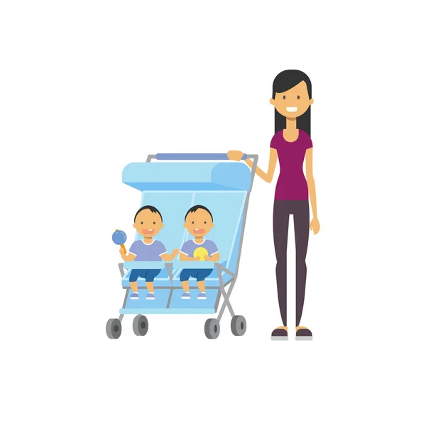 Zus van moeder-baby broer tweeling dubbele blauwe wandelwagen volledige lengte avatar op witte achtergrond, succesvolle familie concept, platte cartoon — Stockvector