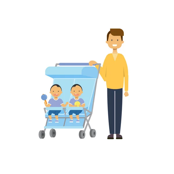 Vader zusje broer tweeling dubbele wandelwagen volledige lengte avatar op witte achtergrond, succesvolle familie concept, platte cartoon — Stockvector