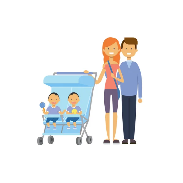 Vader moeder baby tweeling dubbele blauwe wandelwagen volledige lengte avatar op witte achtergrond, succesvolle familie concept, platte cartoon — Stockvector